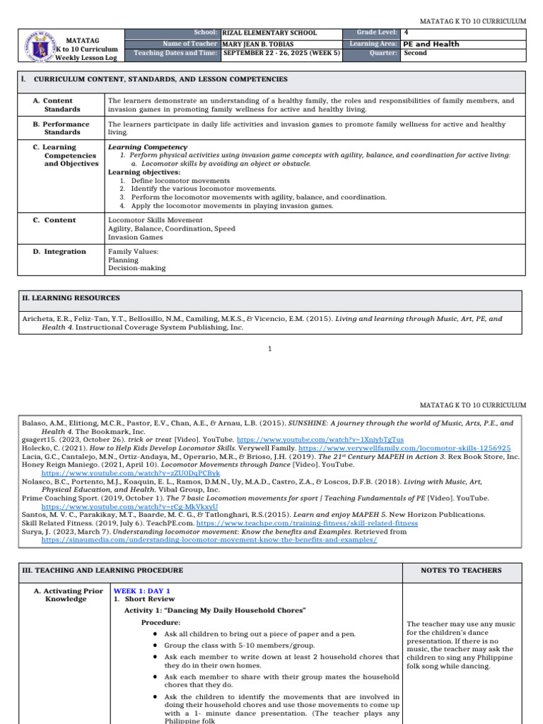 DLL Matatag - Pe & Health 4 q2 Week5-6 | PDF