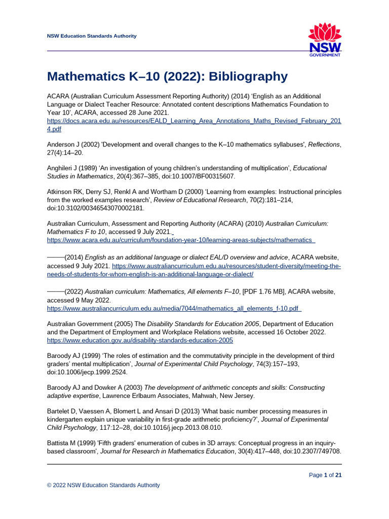 Mathematics K 10 2022 Bibliography | PDF | Mathematics | Curriculum
