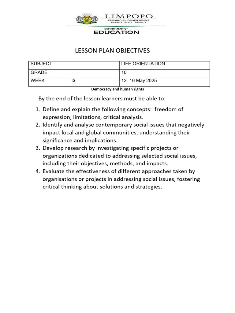 Term 2 Week 5 Grade 10 Lesson Objectives | PDF