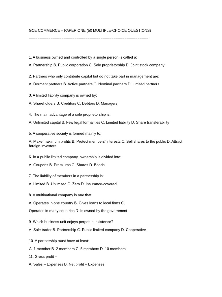 GCE Commerce Paper1 Full 50MCQs | PDF | Prices | Receipt