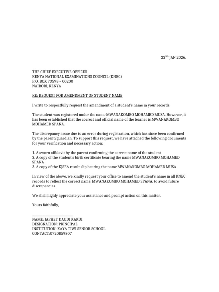 KNEC Name Amendment Request | PDF