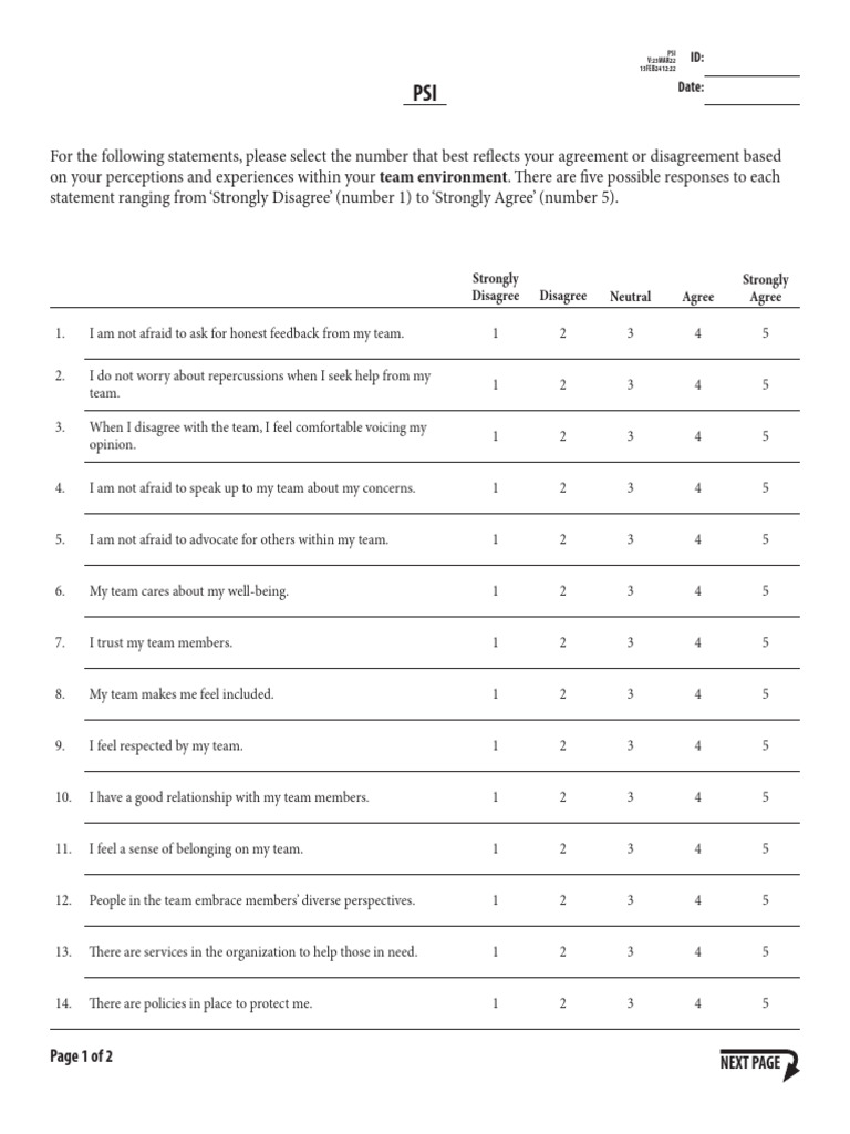 Psychological Safety Inventory (PSI) | PDF | Leadership | Psychological ...