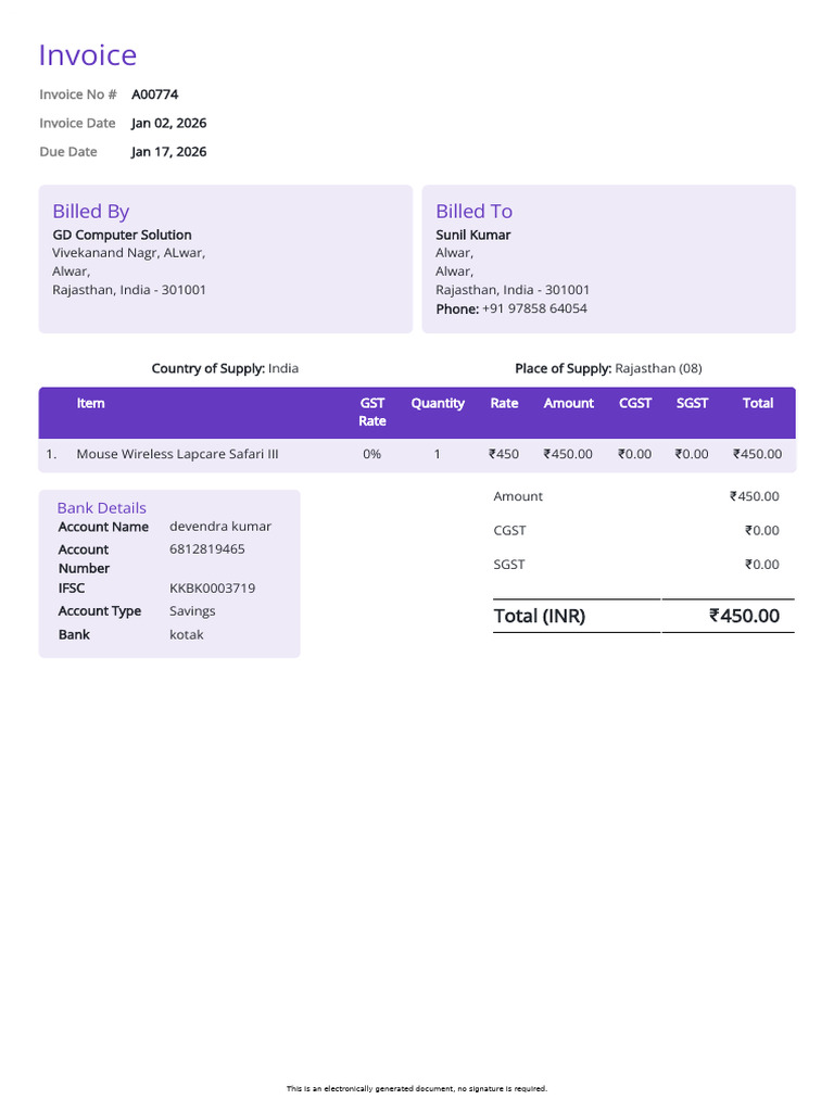 Invoice A00774 GD Computer Solution Sunil Kumar | PDF