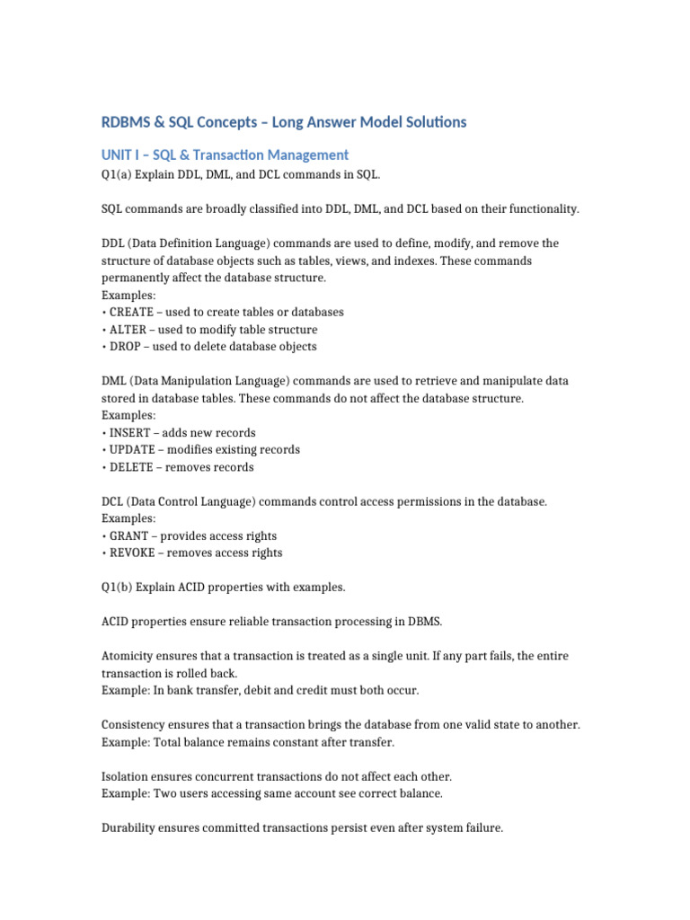 RDBMS_Long_Model_Answers | PDF | Database Transaction | Databases