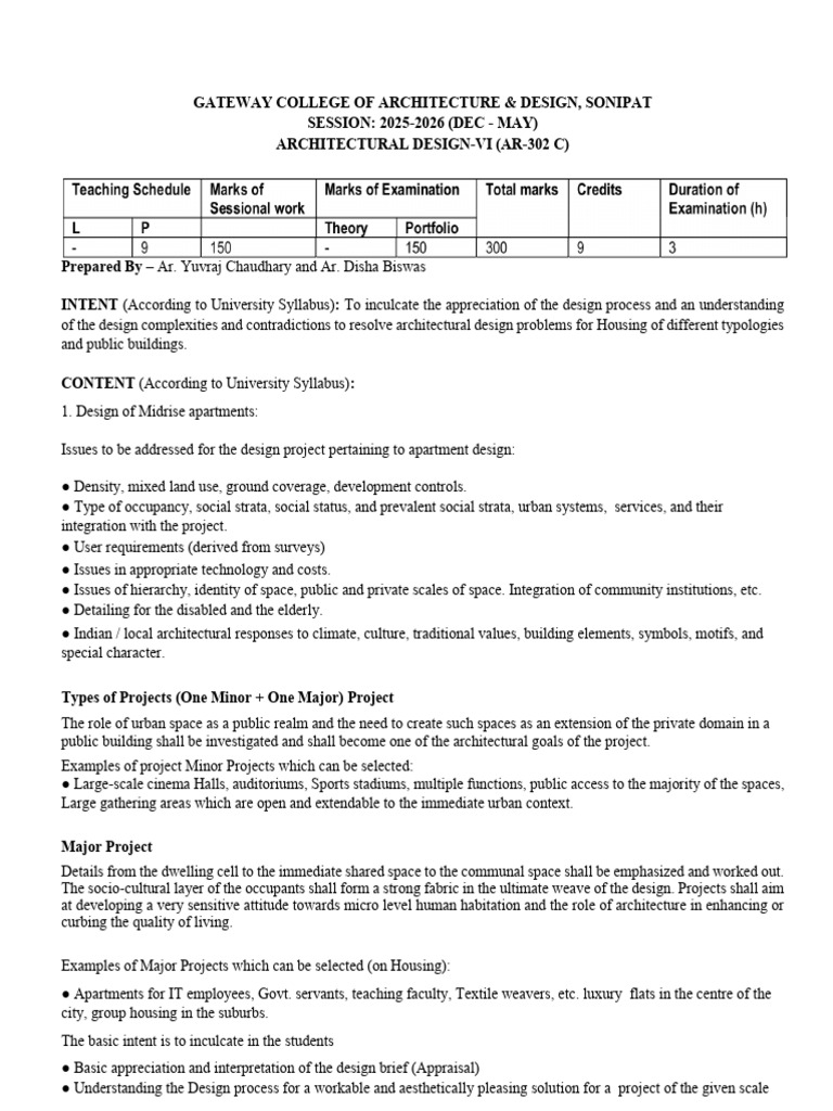 Teaching Programme Ar 302c - Architectural Design - Vi | PDF | Built ...