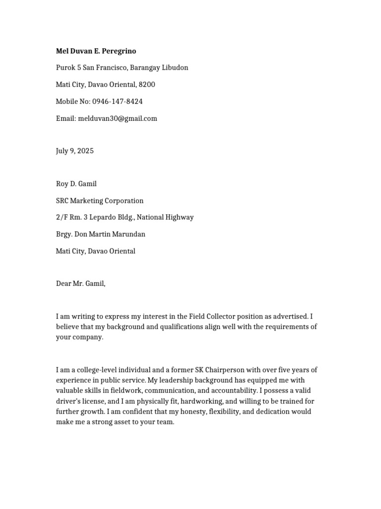 Application Letter Field Collector 2 | PDF