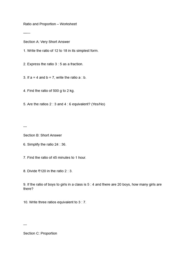 Ratio and Proportion - Worksheet | PDF