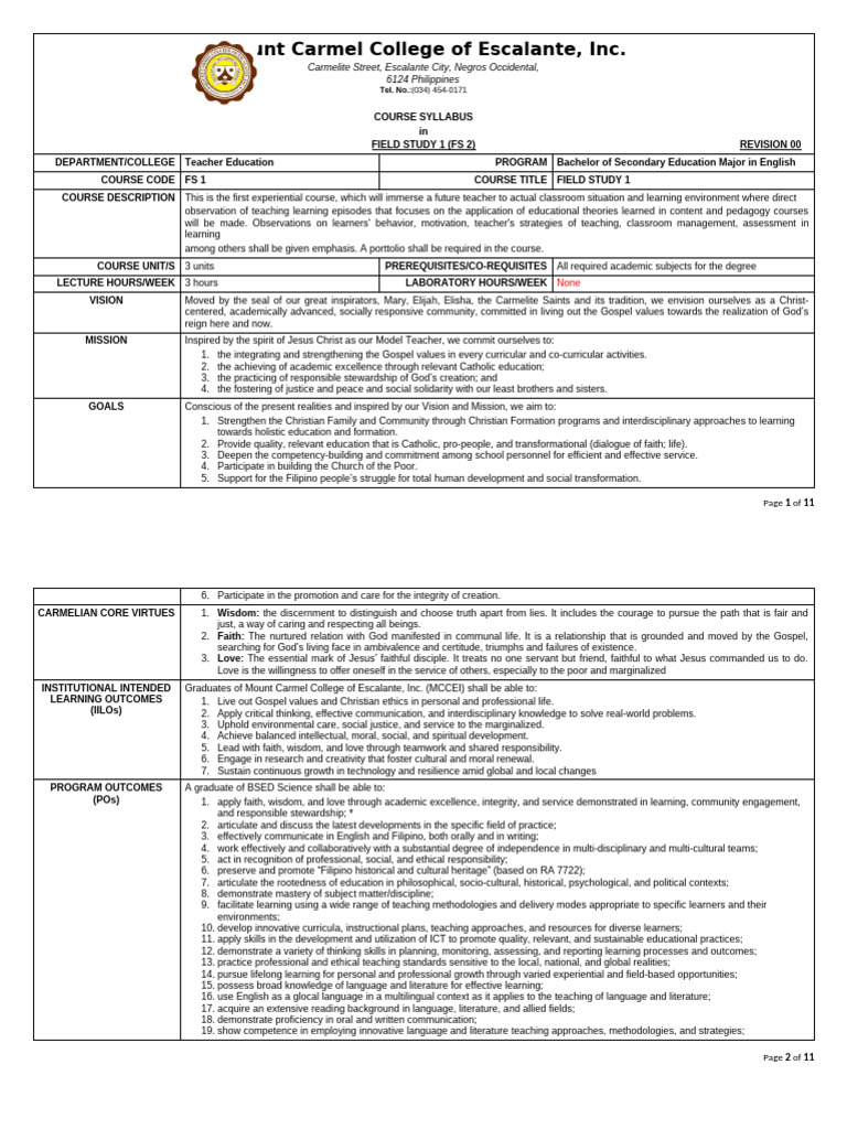 FS1 Syllabus Bsed English | PDF | Educational Assessment | Learning