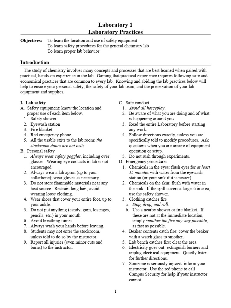 CH+107+Lab+1+-+Safety Lab+Practices | PDF | Laboratories | Personal ...