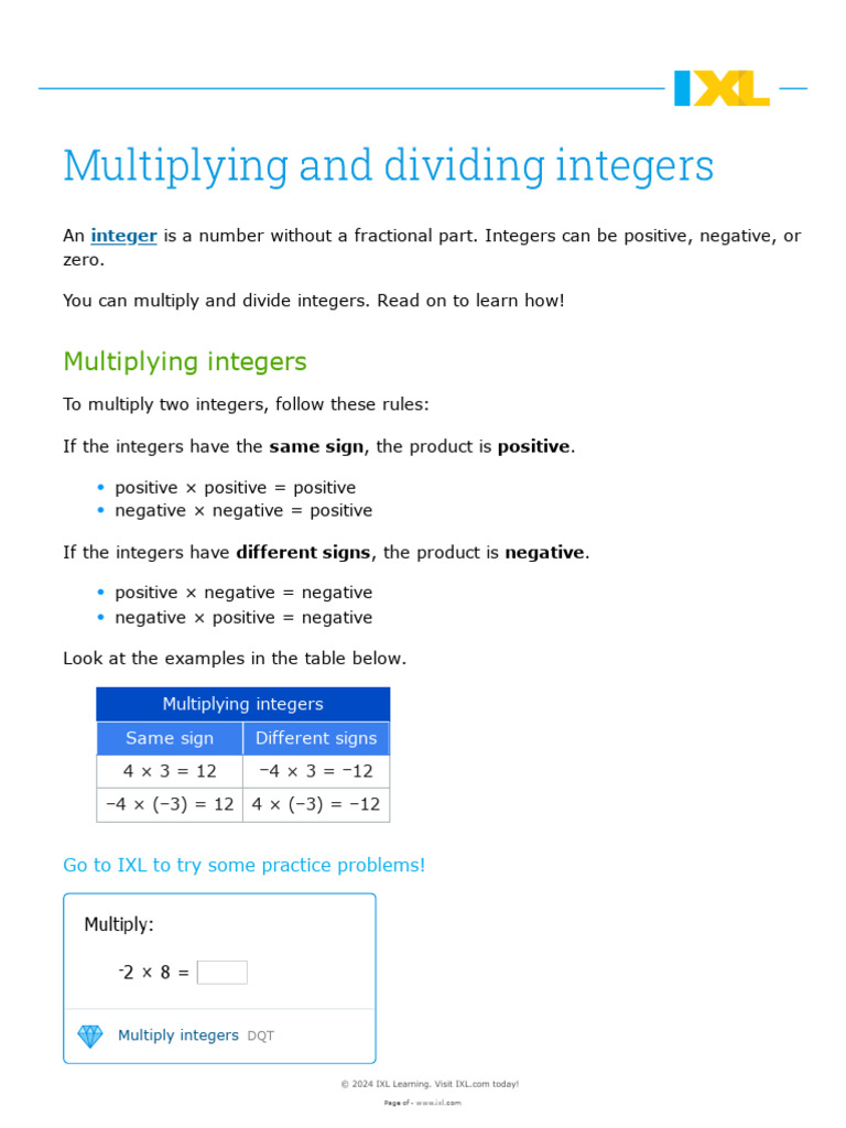 Multiplying and Dividing Integers | PDF