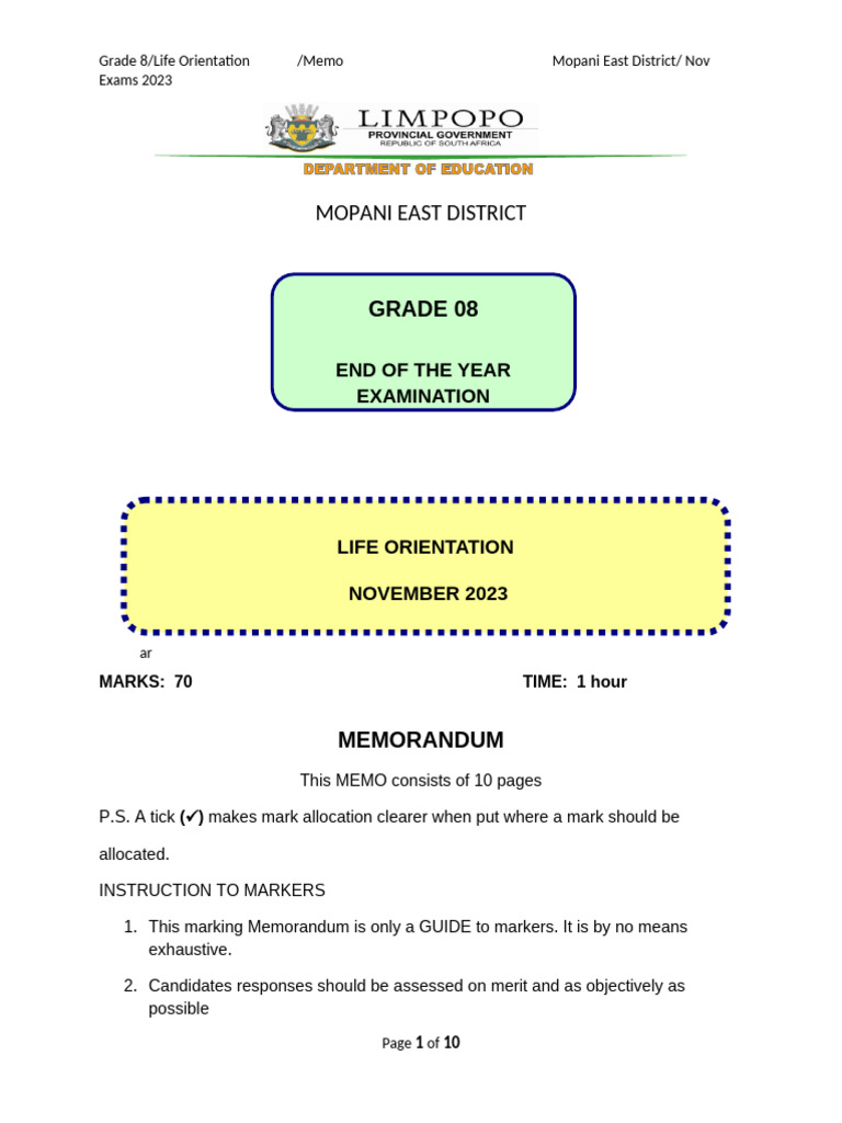 Grade 8, Life Orientation , Memo, Nov 2023 4 | PDF | Hiv/Aids | Knowledge