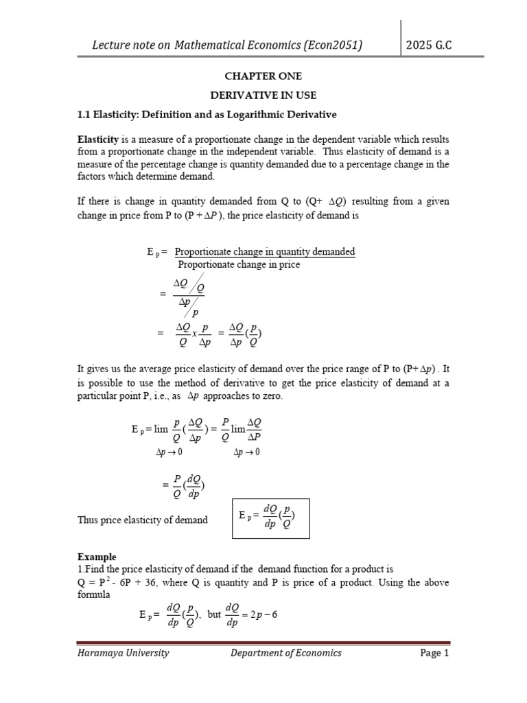 Math Lect Note (2025) | PDF | Elasticity (Economics) | Demand