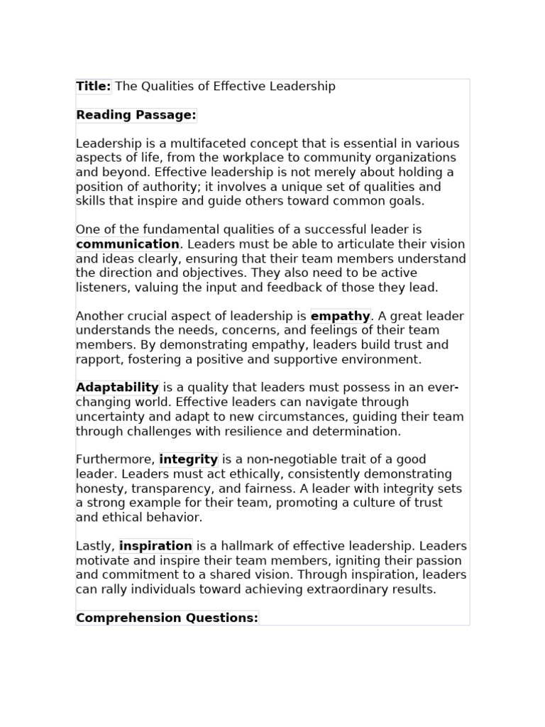 The Qualities of Effective Leadership-Reading Comprehension | PDF