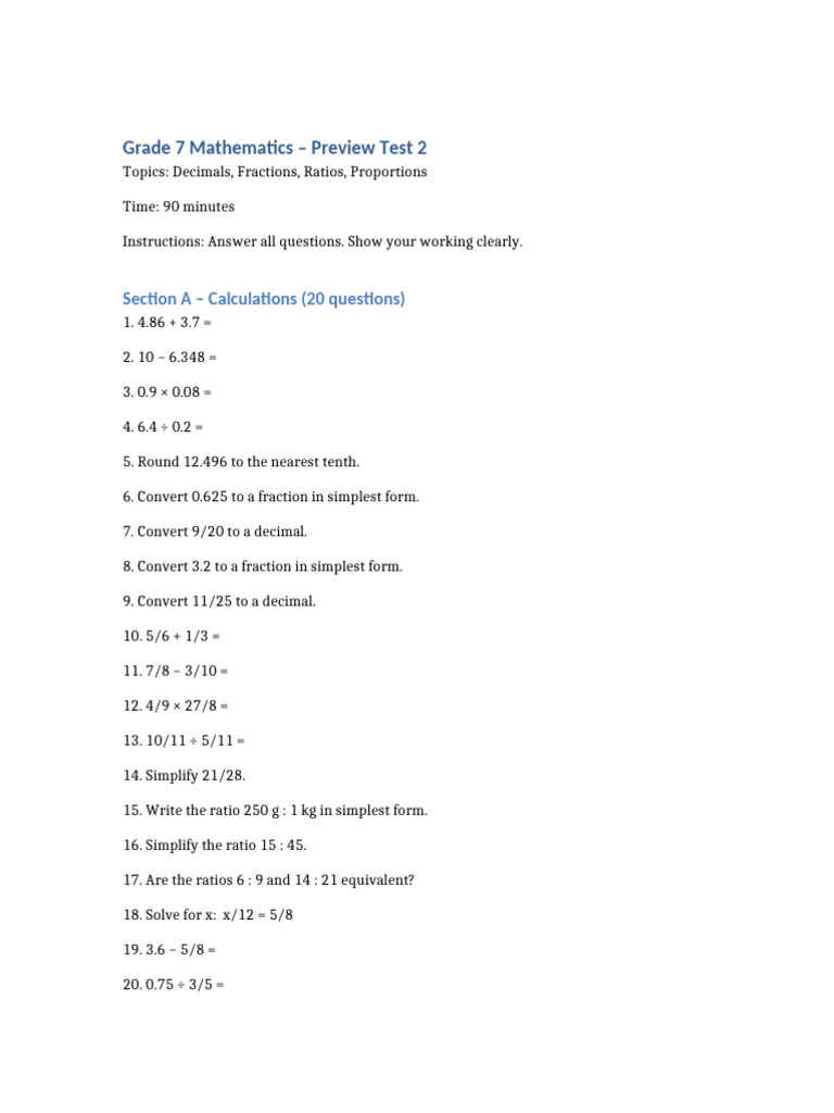 Grade 7 Math Preview Test 2 | PDF