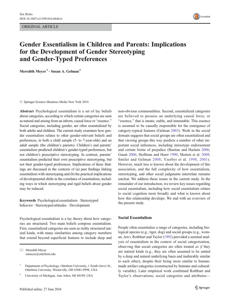 Gender Essentialism in Children and Parents: Implications For The ...
