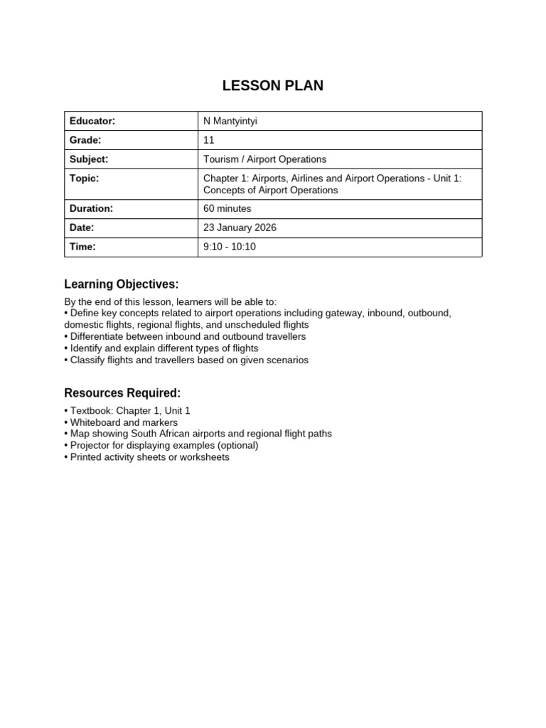 Lesson Plan Airport Operations 2 | PDF | Lesson Plan | Learning