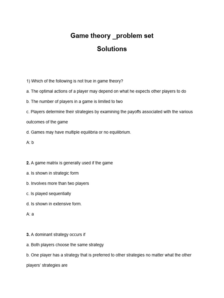Game Theory Problem Set Solutions | PDF | Game Theory | Play (Activity)