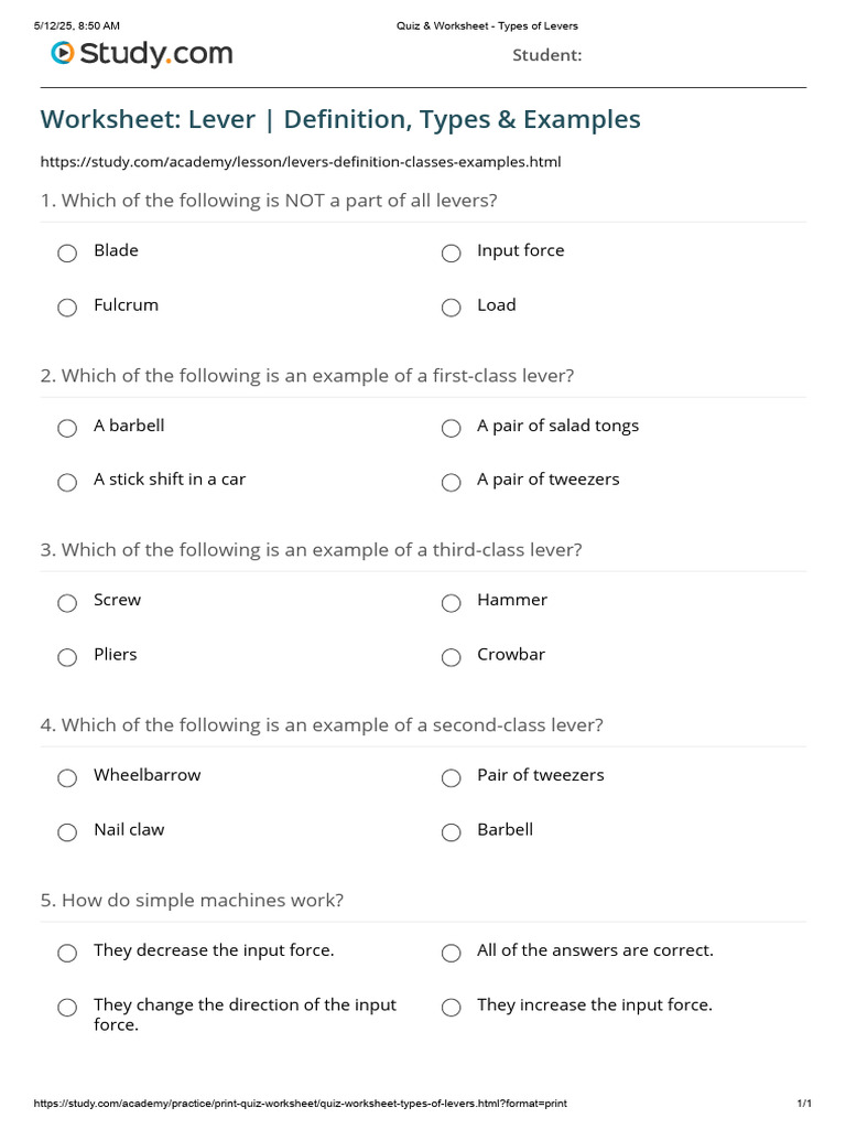Quiz & Worksheet - Types of Levers | PDF