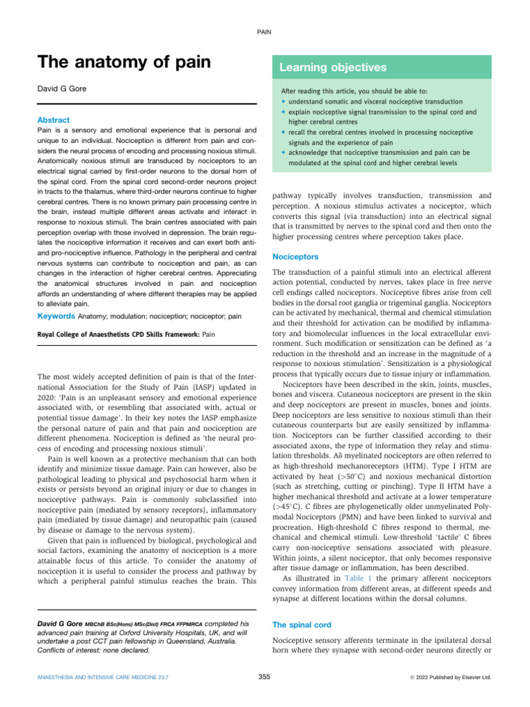 Gore 2022 The Anatomy of Pain | PDF | Pain | Nervous System