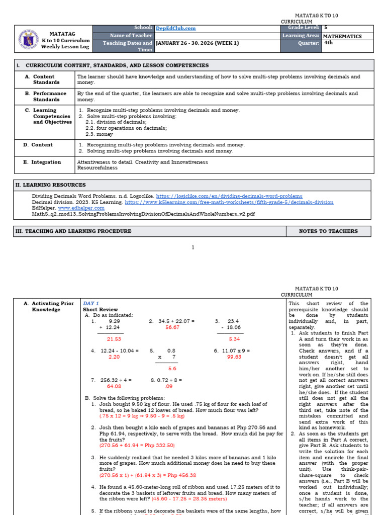 DTC - DLL Matatag - Mathematics 5 q4 w1 | PDF | Curriculum | Learning