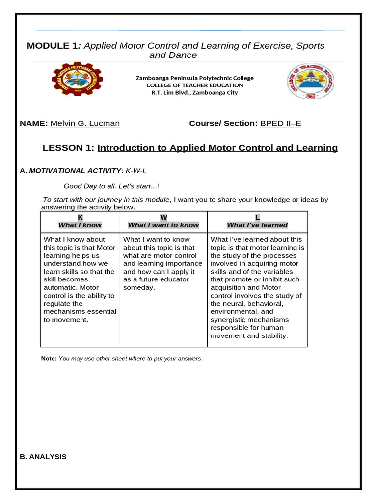 Lucman - Module 1 Lesson 1&2 (Bped 215) | PDF | Learning | Motor Control