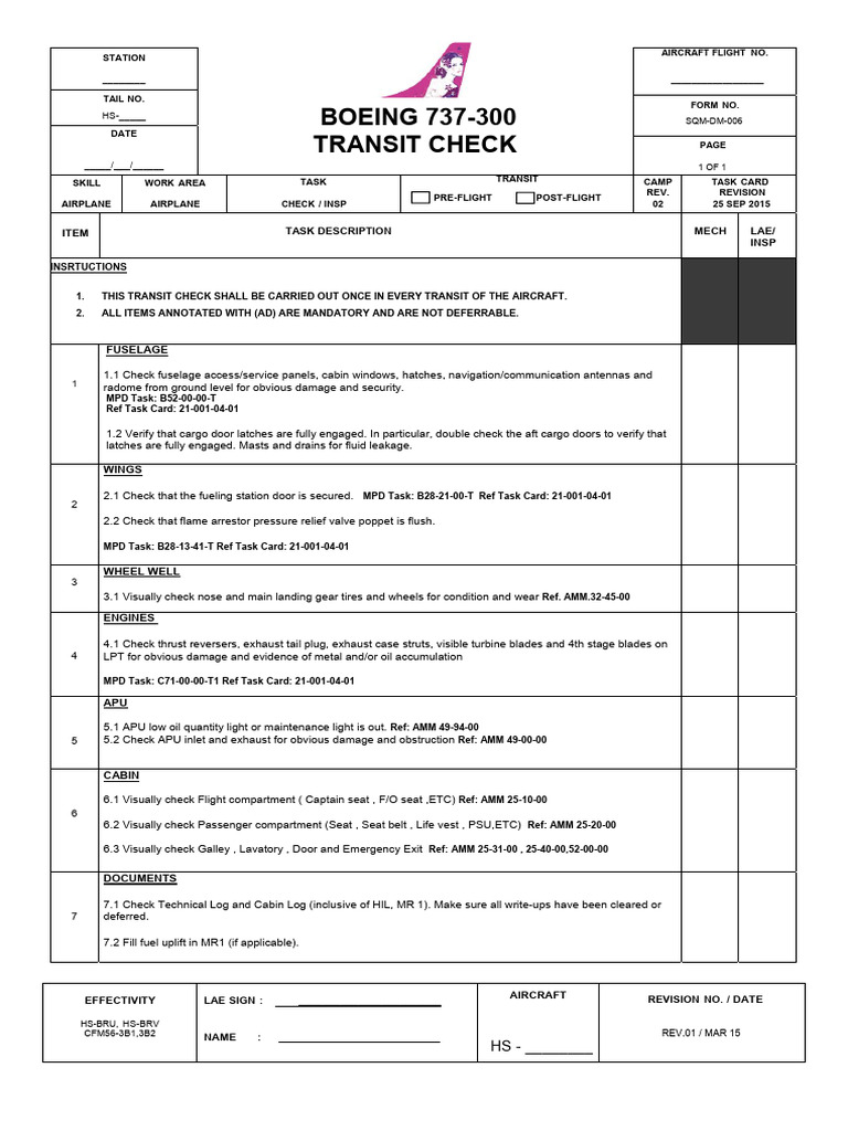 SQM-DM-006-Aircraft TRANSIT Check Rev.01, Mar 15 | PDF | Landing Gear ...