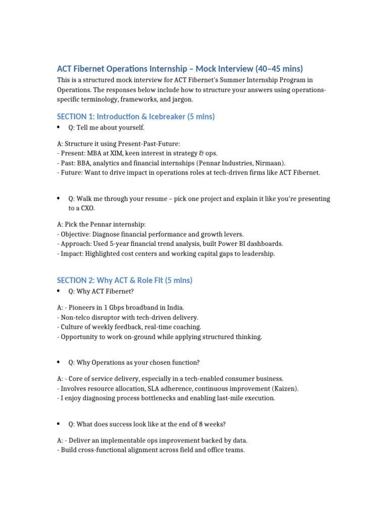 ACT Fibernet Operations Mock Interview With Model Answers | PDF
