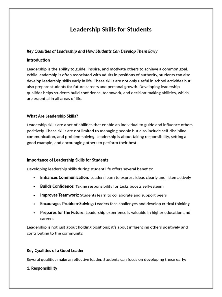 Leadership Skills For Students | PDF | Leadership | Mentorship