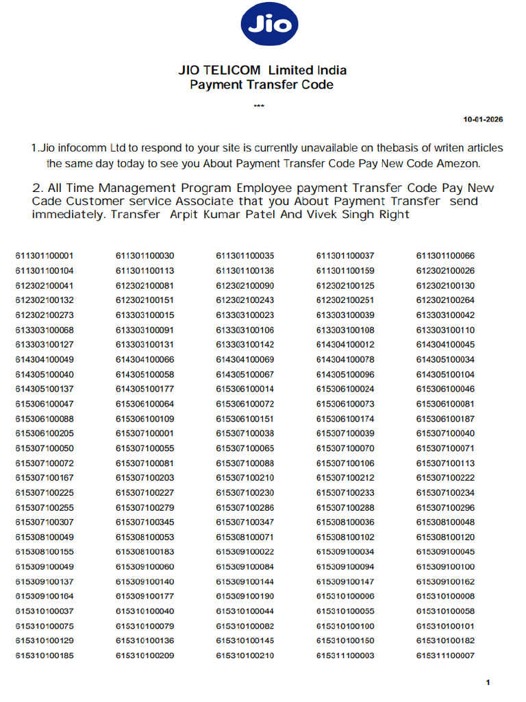 Payment Transfer Code Jio | PDF