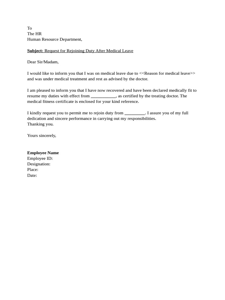 01.fitness Cum Rejoining Letter Format 1 | PDF