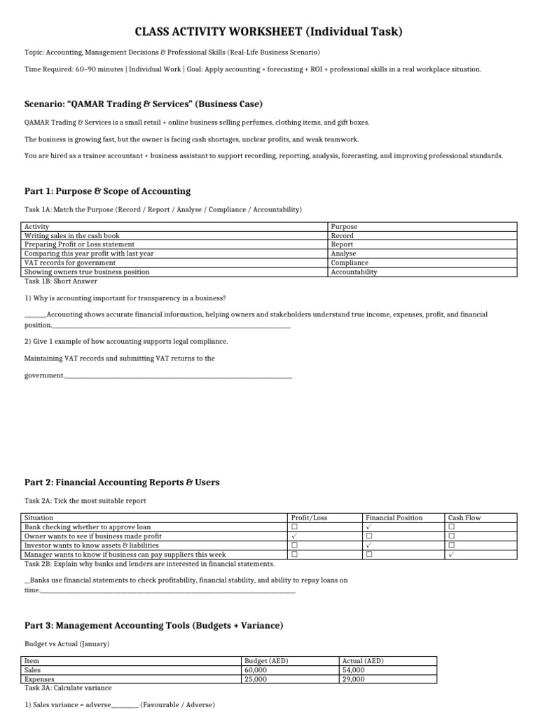 Class Activity Worksheet Accounting QAMAR Student | PDF | Return On ...