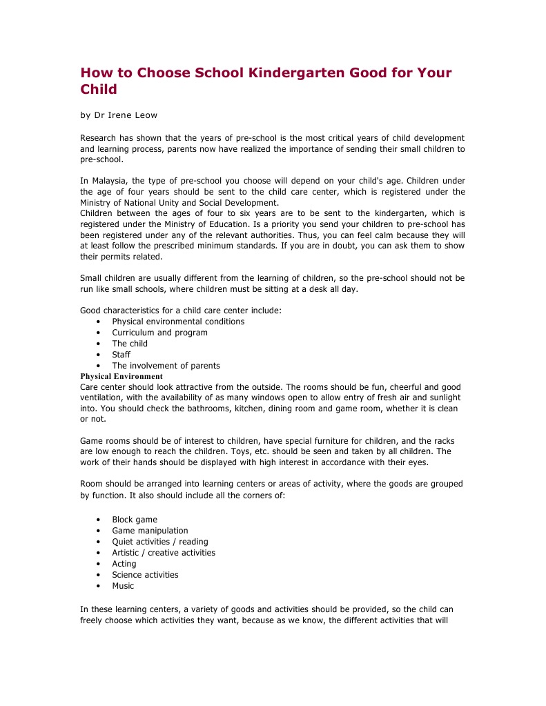 How To Choose School Kindergarten Good For Your Child PDF Preschool Kindergarten