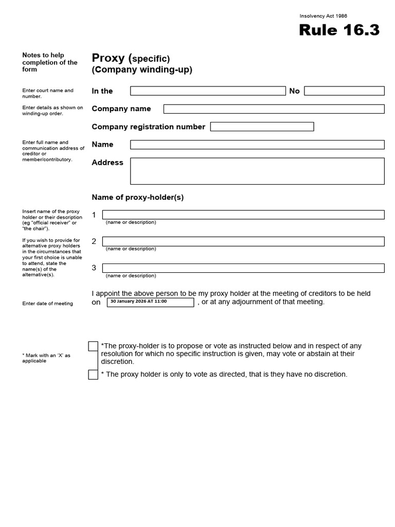Creditor Proxy Form BLANK | PDF | Liquidation | Business Law