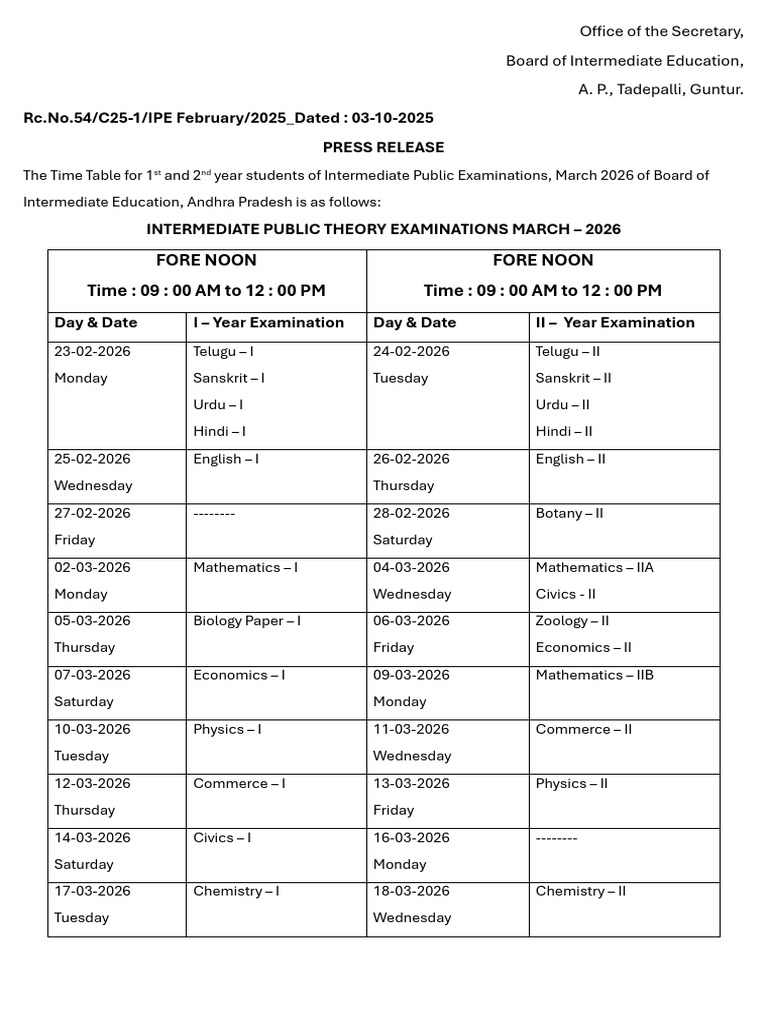 Revised Public Exams Time Table Feb - 2026 | PDF