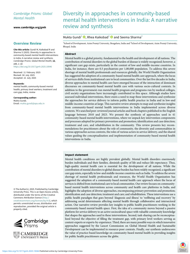 Diversity in Approaches in Community Based Mental Health Interventions ...