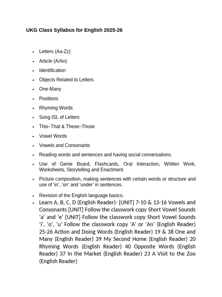 UKG Class Syllabus For English 2025-26 | PDF