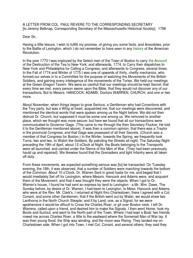 A Letter From Col. Paul Revere to the Corresponding Secretary Paul