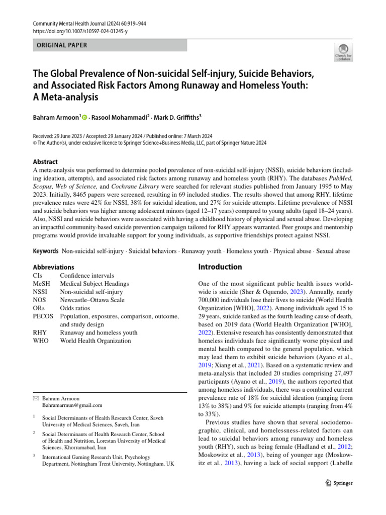 The Global Prevalence of Non Suicidal Self Injury, Suicide Behaviors ...