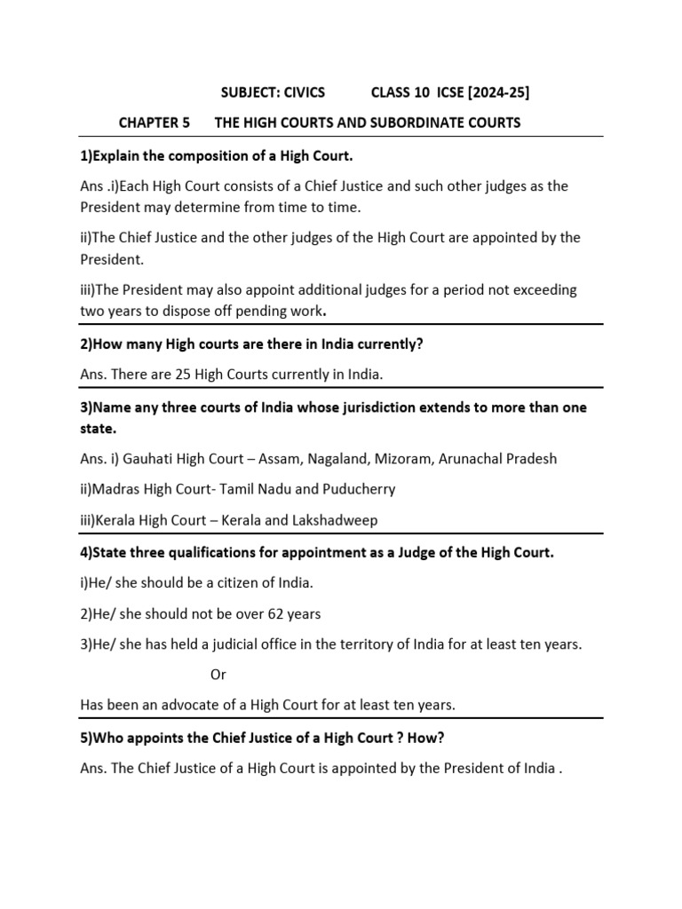 Civics Chapter-5 The High Courts and Subordinate Courts | PDF | High ...