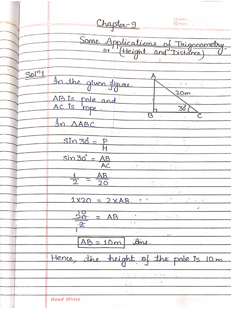 10 Maths Ch 9 Ex 9.1 Application of Trionometry | PDF
