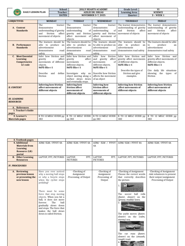 WEEK 1 - DLL-SCI6 | PDF | Friction | Force