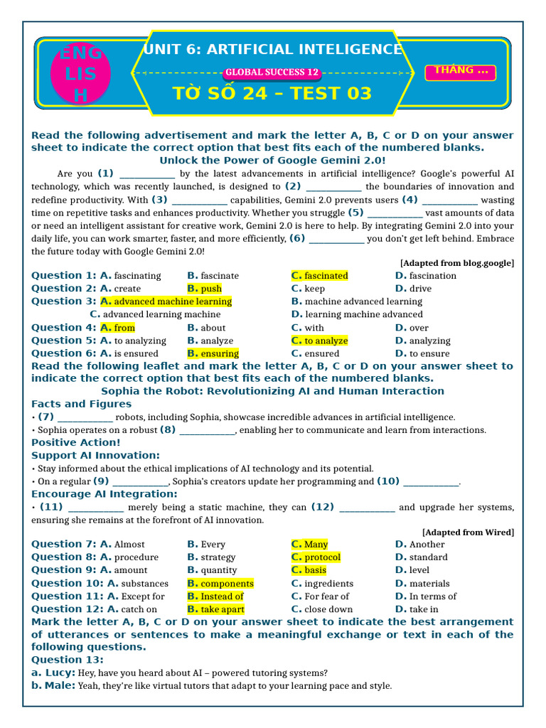Tờ Số 24 Test 03 Unit 6 Artificial Inteligence | PDF | Artificial ...