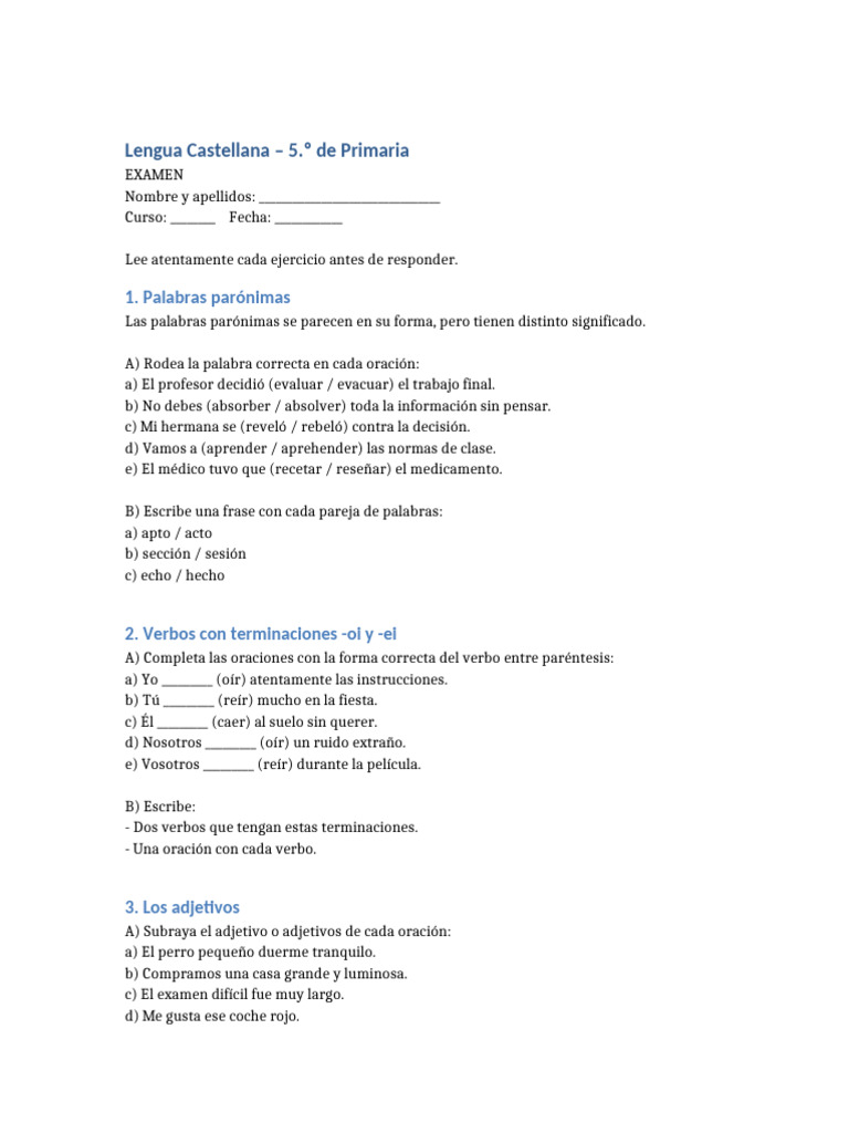 Examen Lengua 5 Primaria Largo | PDF
