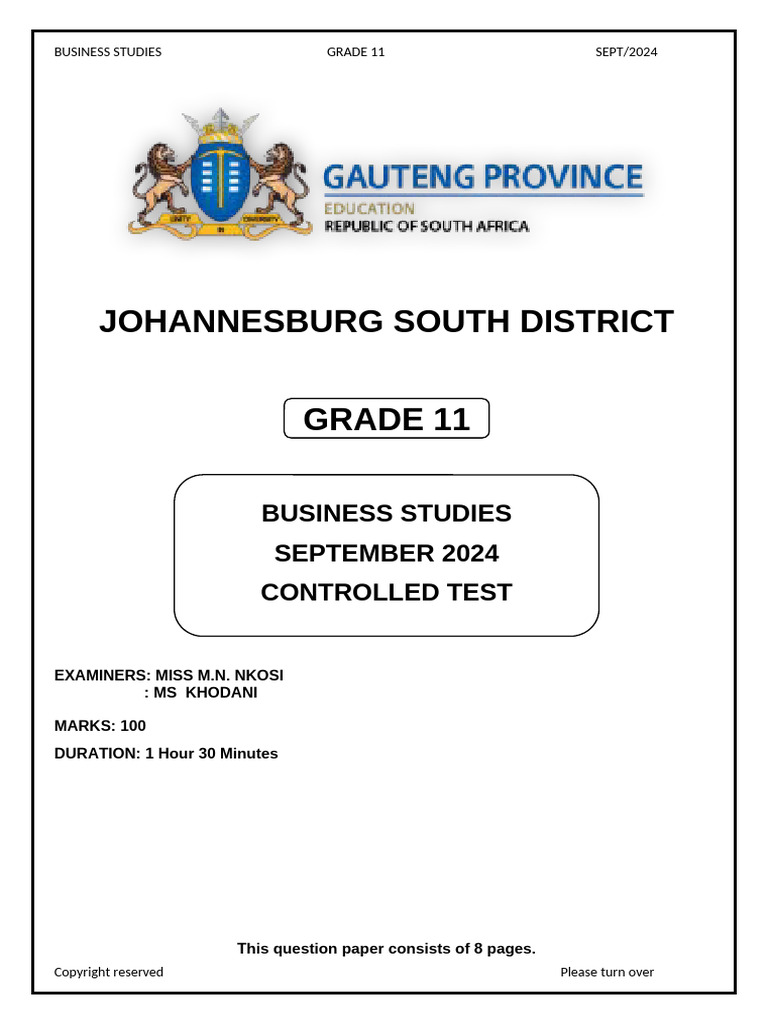 Grade 11 Business Studies Cluster Controlled Test Final | PDF | Business