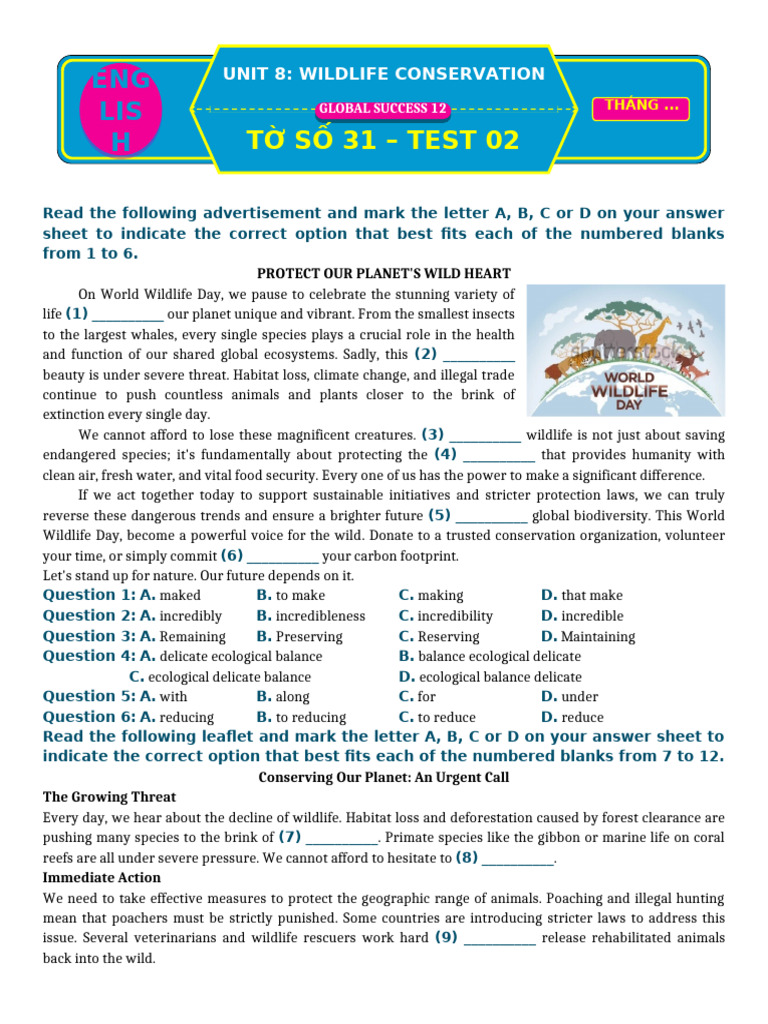 Tờ Số 31 Test 02 Unit 8 Wildlife Conservation | PDF | Conservation ...