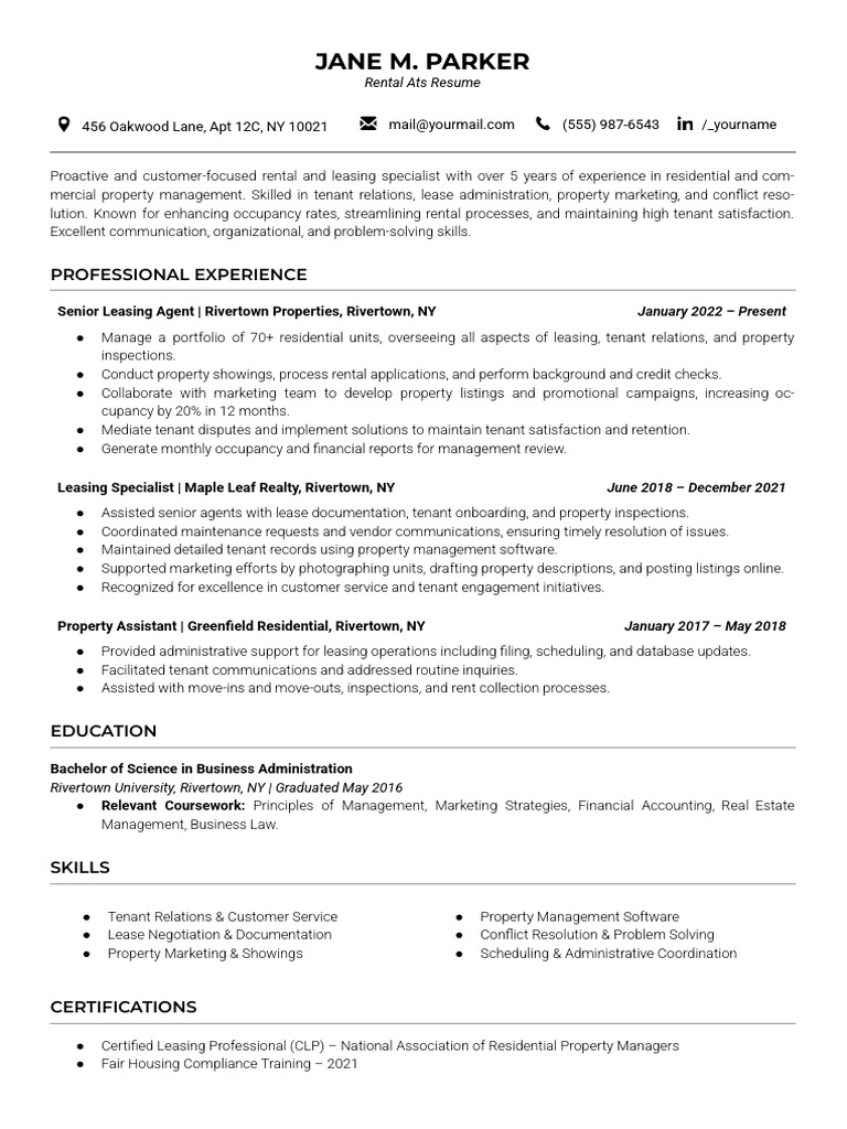Копия -A4 Simple Rental ATS Resume | PDF | Property Management | Lease