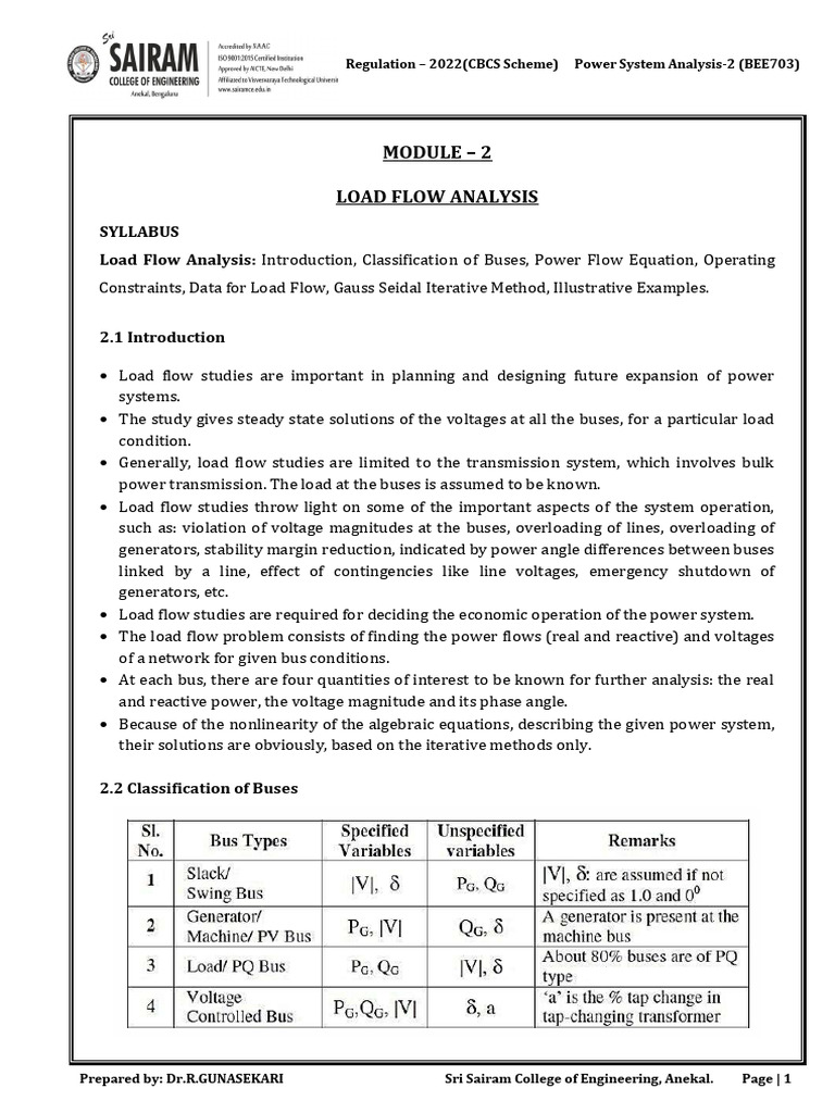 Lecture Notes BEE703 Module-2 Load Flow Analysis | PDF | Applied ...