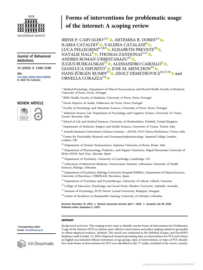 Forms of Interventions For Problematic Usage of The Internet: A Scoping ...
