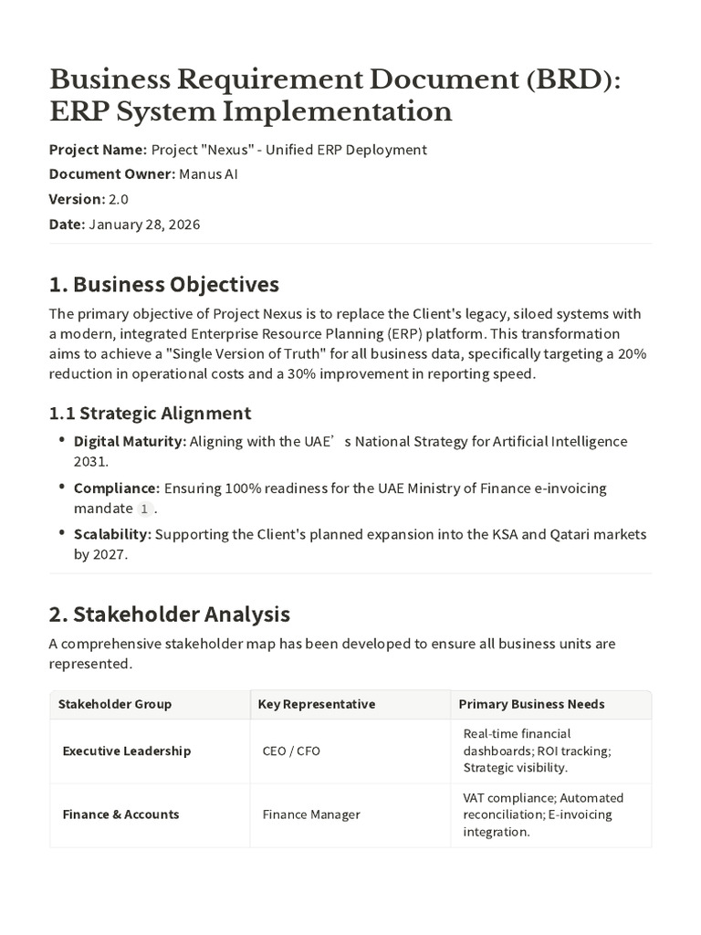Business Requirement Document (BRD) ERP System Implementation | PDF ...