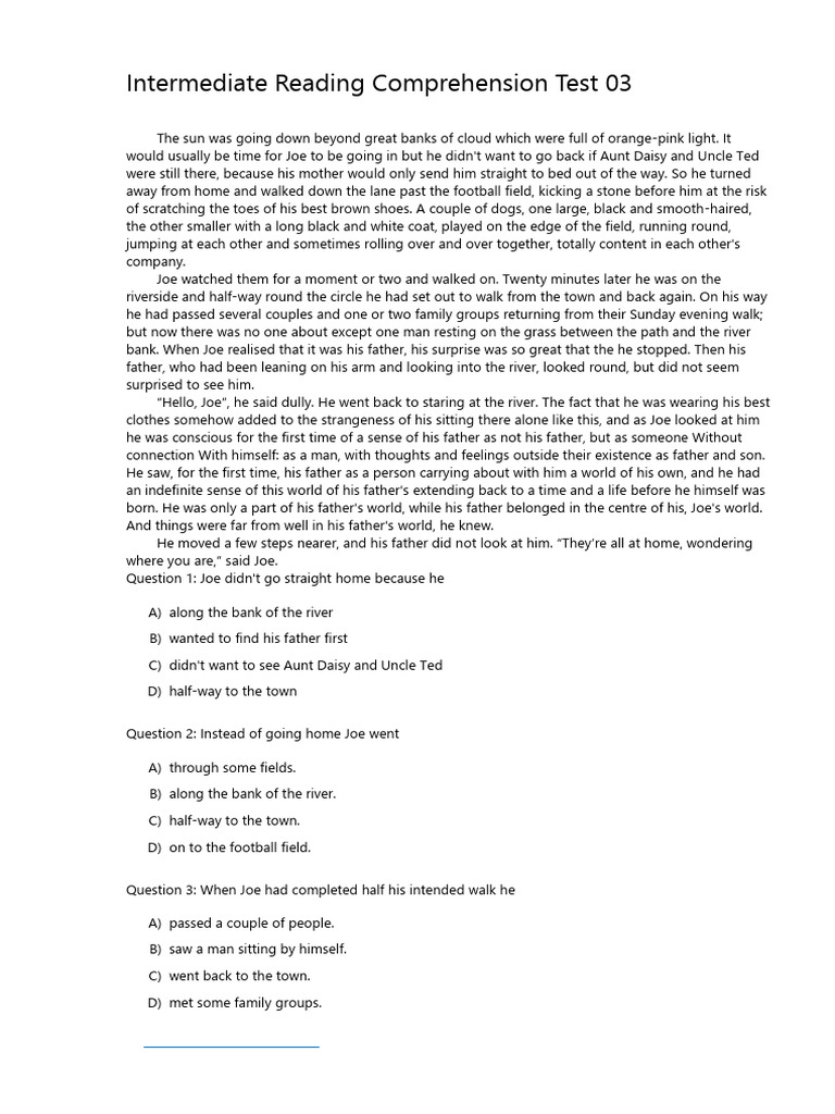 Intermediate Reading Comprehension Test 03 - Split - PDF ...